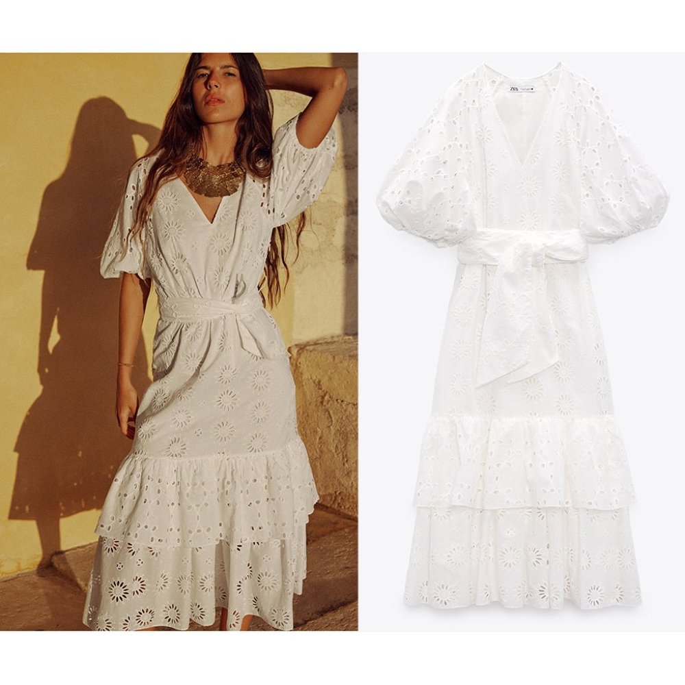 NEW ZARA belted embroidered white dress size L